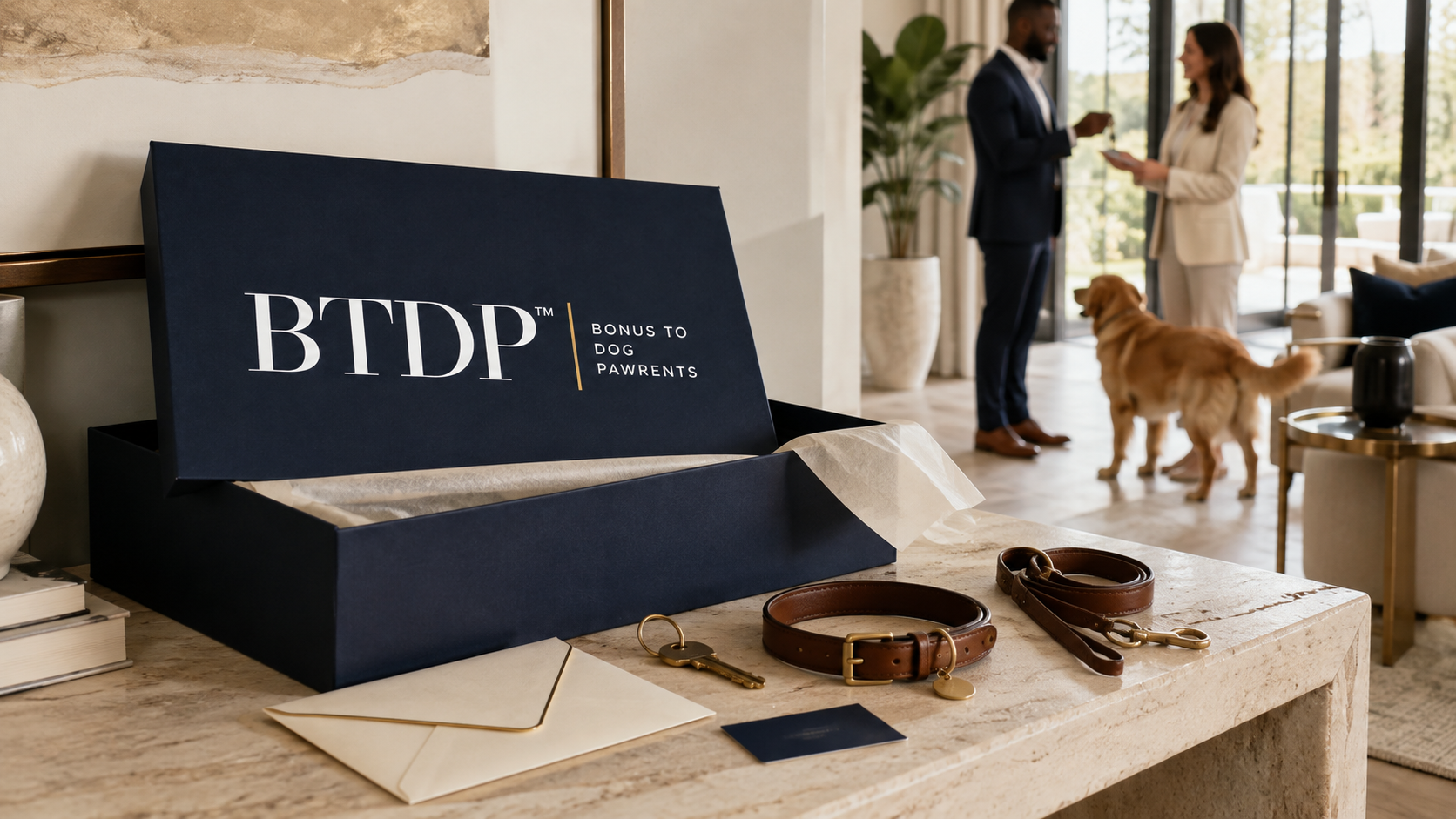 BTDP Bonus to Dog Pawrents presentation box in a refined home