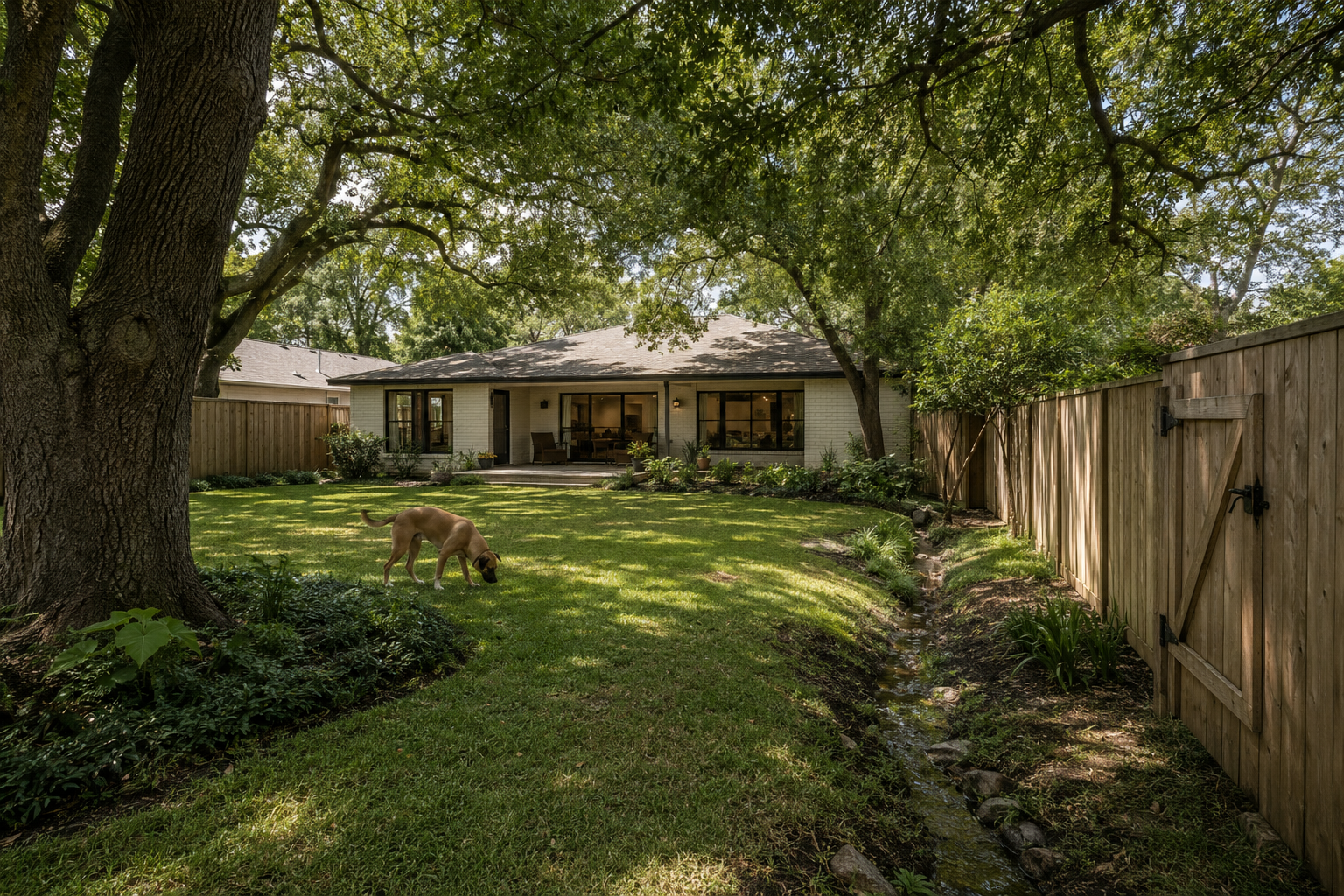 Dog walking through a shaded residential neighborhood