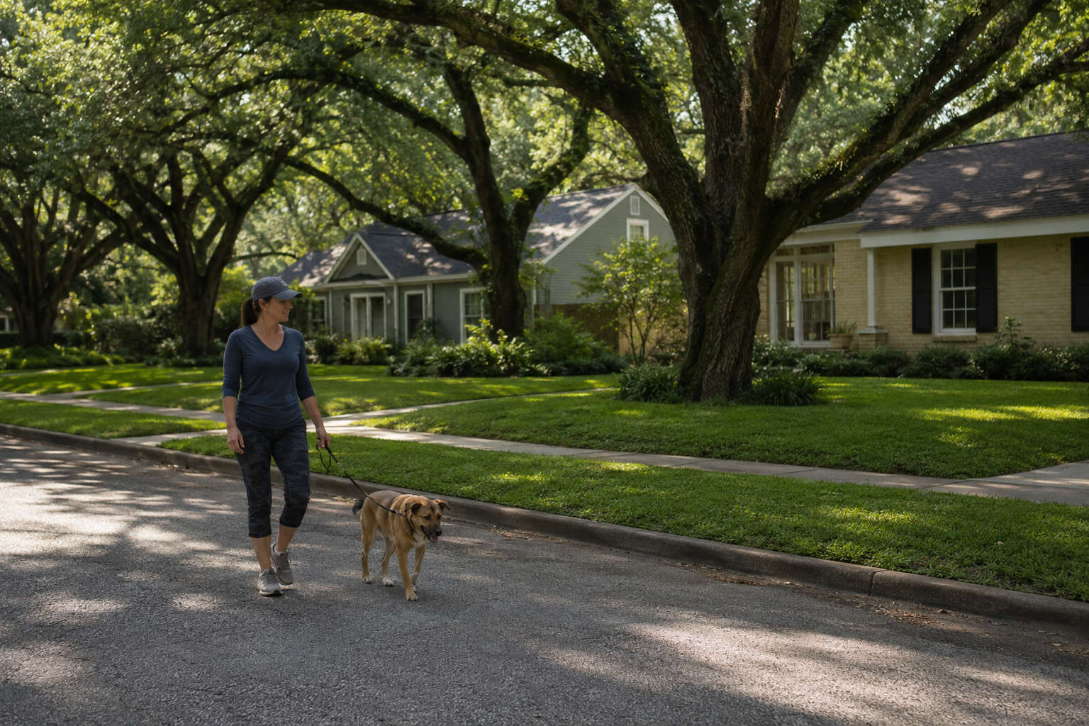 Dog walking through a leafy neighborhood