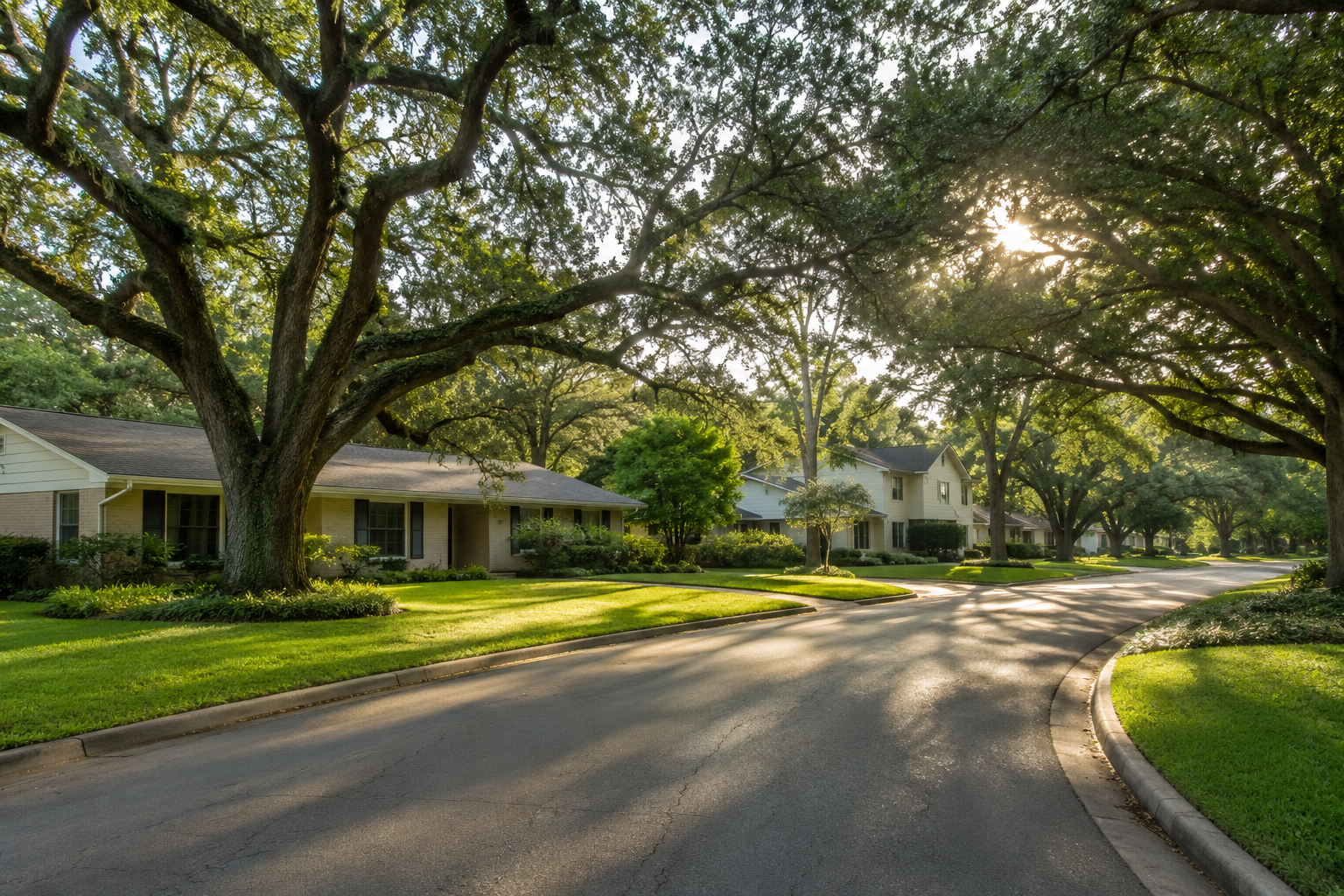 Tree-lined residential neighborhood with a large home and lawn