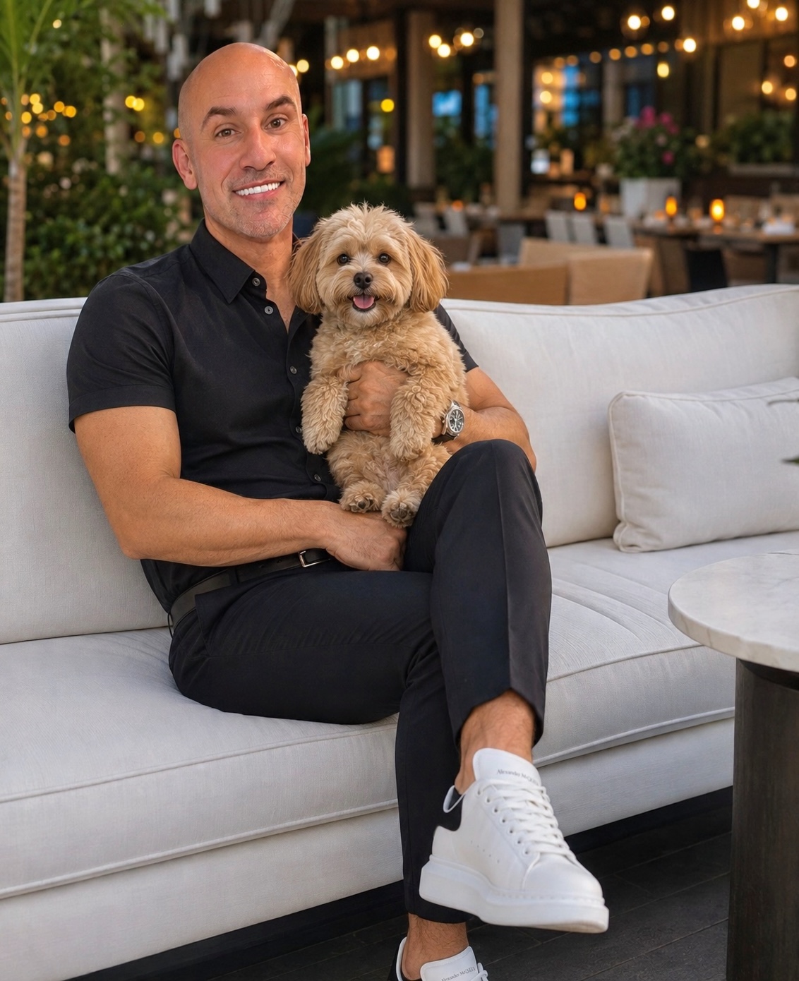 Nathan Rao with a dog in a refined Houston setting