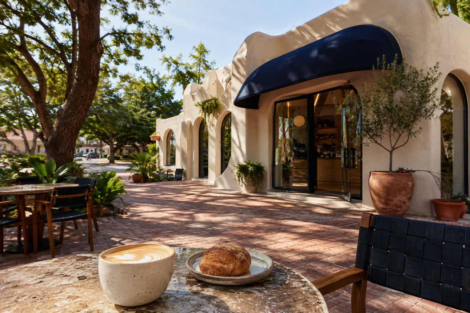 Bright neighborhood cafe with coffee and seating