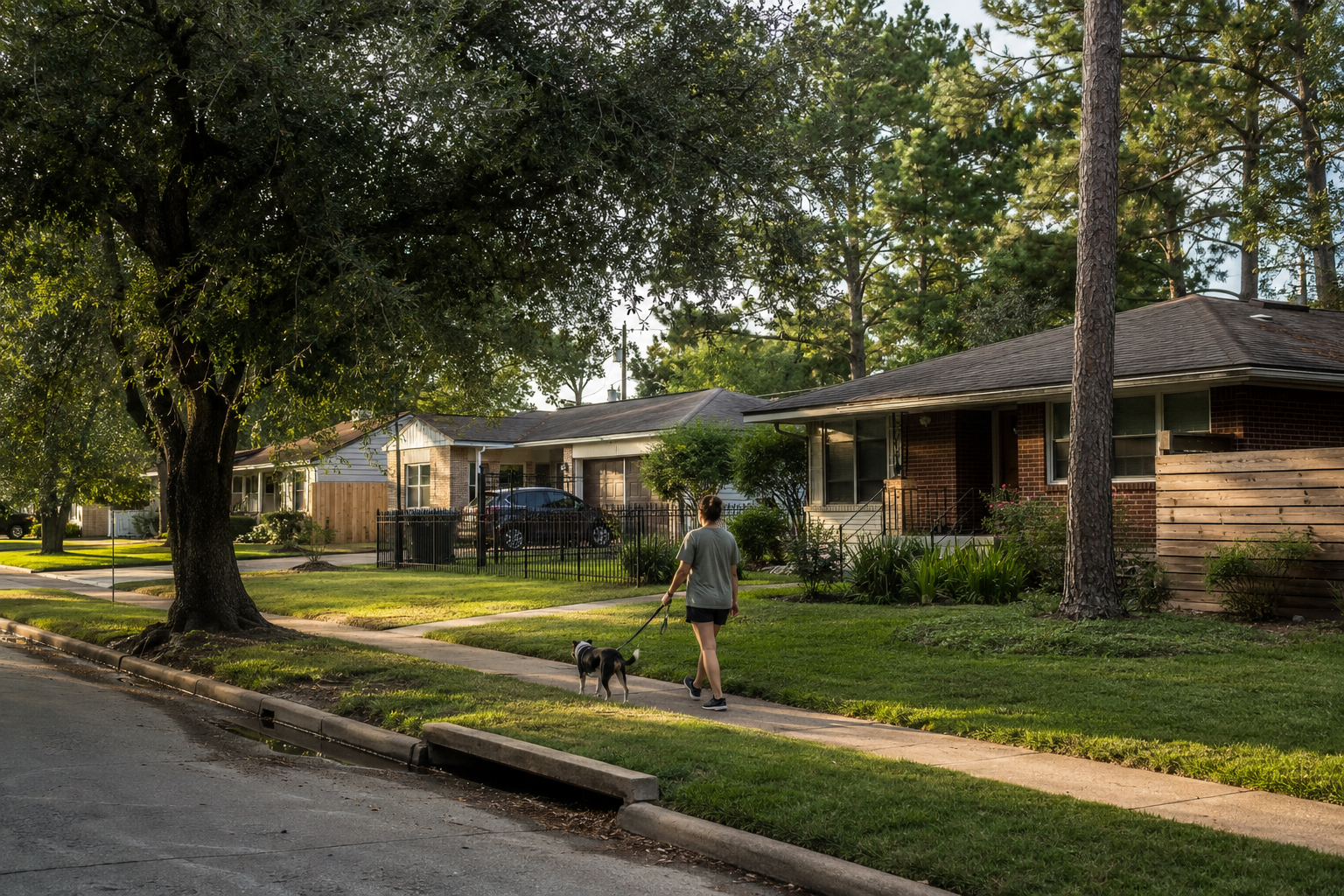 Small dog walking along a shaded residential street